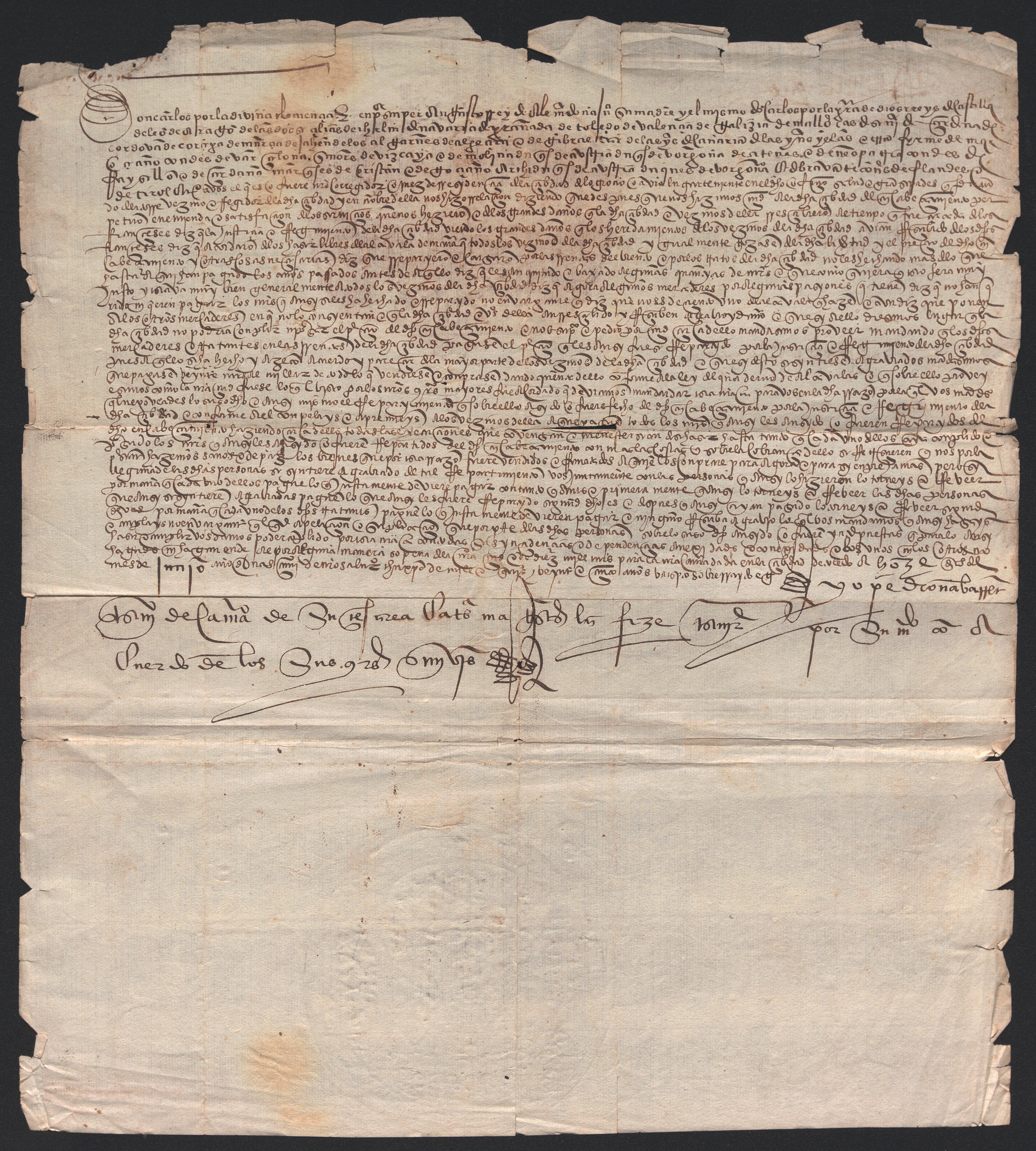 Real provisión de Carlos I a los corregidores de Logroño para que obliguen a pagar el encabezamiento a los mercaderes, aunque los vecinos estén exentos dicha carga.